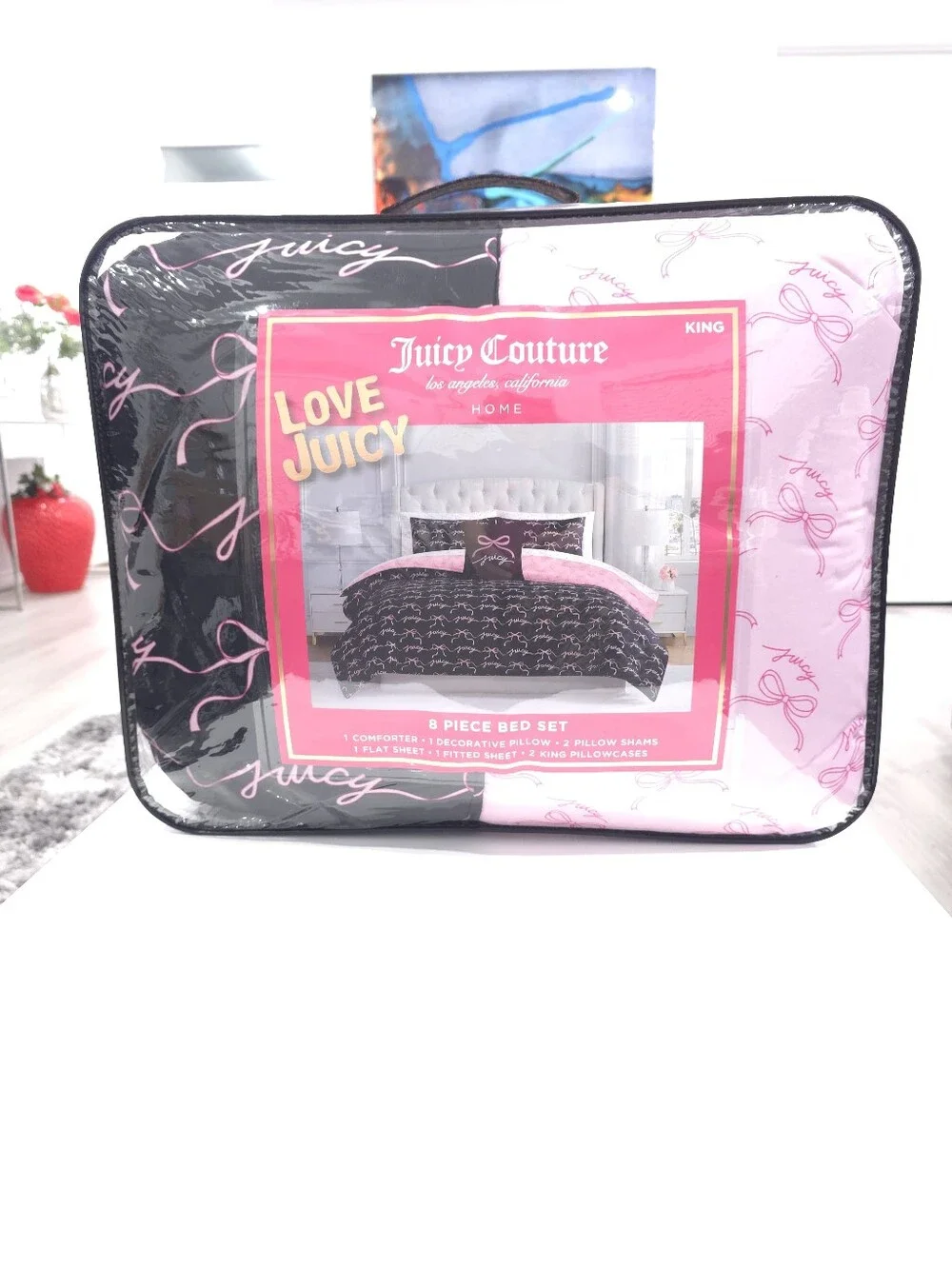 Juicy Couture KING Pink Bow 8 piece Reversible Comforter and Sheets set